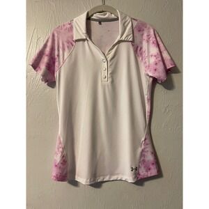 Under Armour Golf Polo Shirt Womens White Pink Tie Dye HeatGear Short Sleeve S